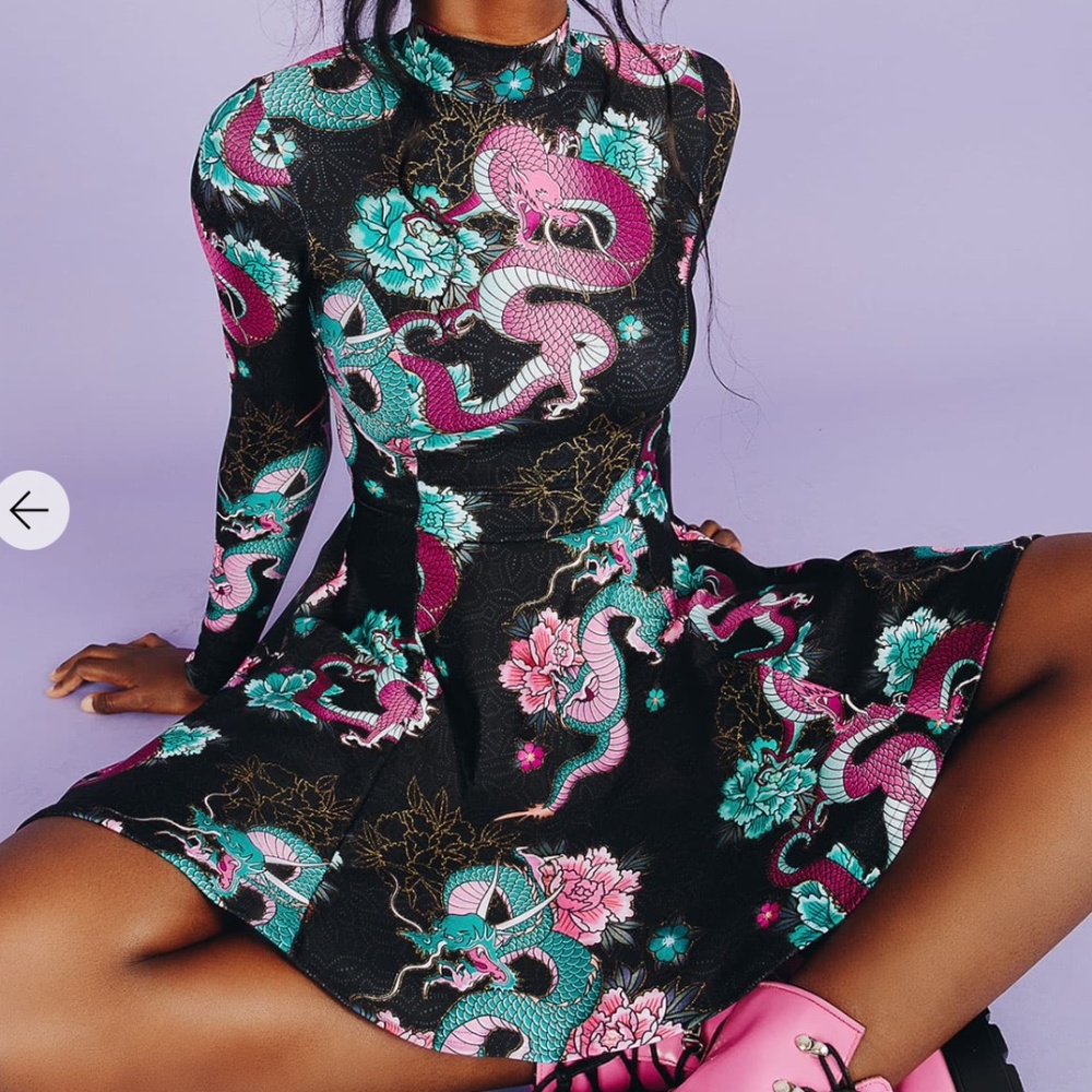 Blackmilk DRAGON BOUQUET LONG SLEEVE EVIL MINI SKATER DRESS SZ S